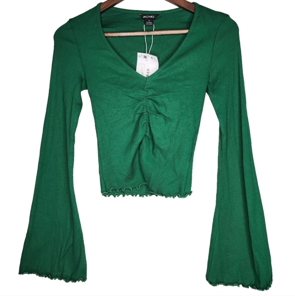 Monki Bell Sleeve Ribbed Knit Top in Green Size S New With Tags